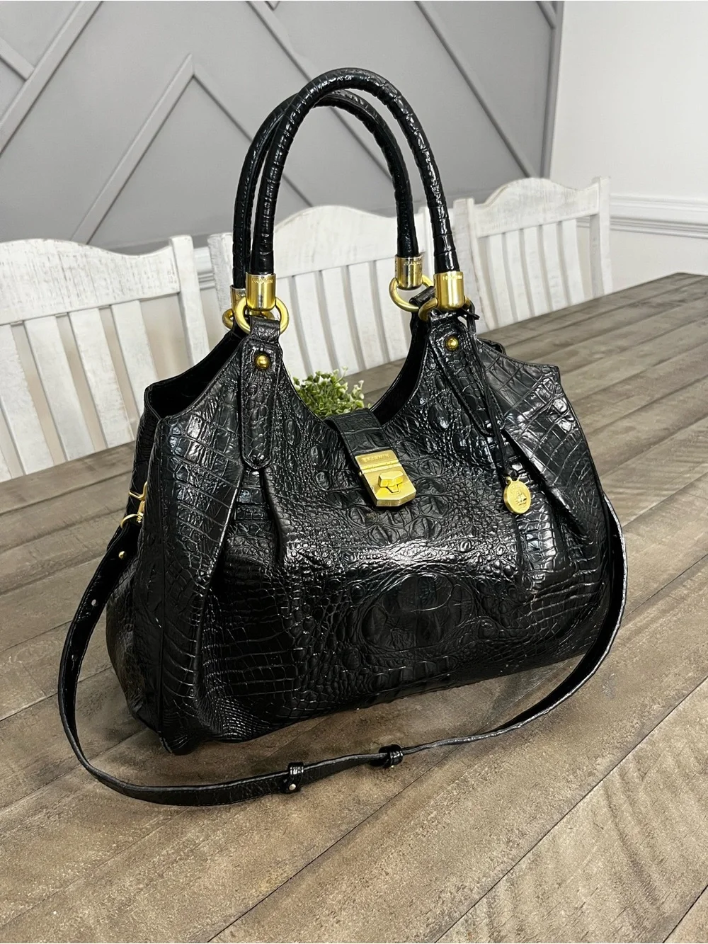 *BRAHMIN* Black Elisa Melbourne Croc-Embossed Leather Satchel Shoulder Bag